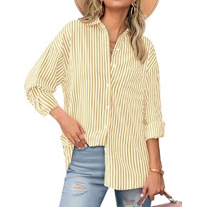 قمصان نسائية BTFBM بأزرار سفلية، قميص مخطط بأكمام طويلة، كاجوال بياقة في العمل المكتبي، بلوزات فضفاضة تناسب الجيب in Kuwait