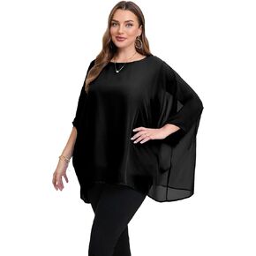 Womens 3/4 Batwing Sleeve Plus Size Elegant Summer Cape Blouse Scoop Neck Oversized Long Casual Tunic Tops Shirts