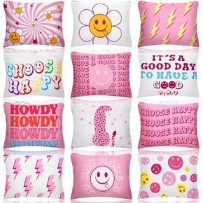 Kajaia 12 Pcs Preppy Makeup Bag with Zipper Pink Preppy Gift Cute Smile Face Cosmetic Bag Preppy Birthday Party Favor Leopard Howdy Makeup Pouch Portable Travel Toiletry Bag Accessories for Women