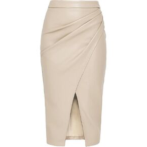 Women's Faux Leather Midi Skirt High Waisted Front Slit Zip Back Ruched Bodycon Fall Club Long Skirts