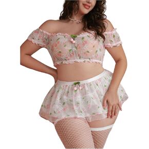 MakeMeChic Women's Plus Size 5 Piece Lingerie Set Cherry Off Shoulder Mesh Top Thongs and Skirt Sets