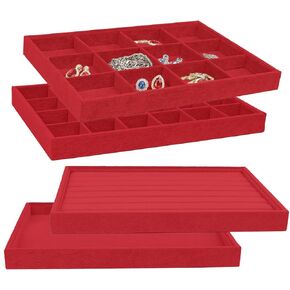 Velvet Jewelry Trays, Set Of 4 Jewelry Organizer Jewelry Tray Jewelry Drawer Organizer, Jewelry Organizers And Storage Stackable Jewelry Trays For Earring, Necklace, Bracelet, Ring (Red)
