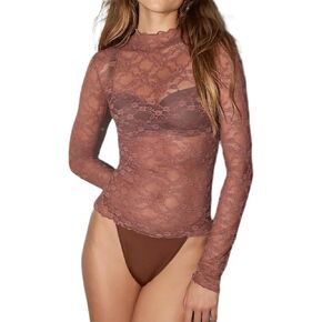 Lace Long Sleeve Tops for Women - Sexy Sheer Mock Neck Slim Fit Y2K Going Out Shirts in Saudi Arabia