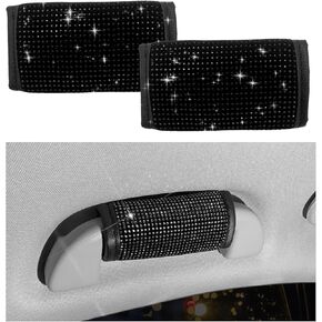 2 PCS Car Grab Handle Cover, Interior Car Grab Handle Protector, Rhinestone Door Handle Cover, Bling Bling Seat Belt Covers for Women Girls (Black Diamond)