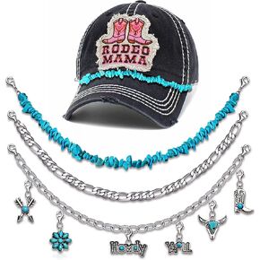 3/4PCS Trucker Hat Chains Decorative Chain Accessory for Mesh Baseball Cap Western Turquoise Pearl Paperclip Cable Chains for Hat Bill Decoration Trucker Hat Charms DIY Mesh Baseball Cap Accessories