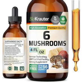 BIO KRAUTER 6 Mushrooms Supplement 6-in-1 - Lions Mane, Shiitake,Turkey Tail, Cordyceps, Reishi & Chaga Liquid Extract - Mushroom Complex Tincture - Vegan Drops 4 Fl.Oz.