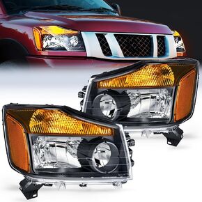 Nilight Headlight Assembly Compatible with 2004 2005 2006 2007 2008 2009 2010 2011 2012 2013 2014 2015 Nissan Titan 2004 2005 2006 2007 Armada Headlamps Replacement Chrome Housing Amber Reflector