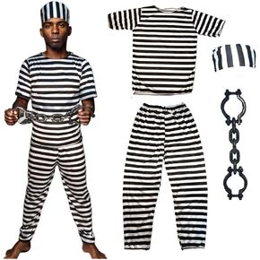 Halloween Prisoner Costume Men Women Striped Prison Outfit Adult Prisoner Halloween Costume with Plastic Chains Handcuffs for Costume Party Accessories