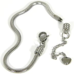 Small Adjustable 304 Grade Surgical Stainless Steel Silver European 3mm Snake Chain Add Beads Charm Bracelet with Screw off End and Extension with Heart