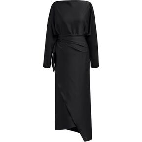 CHICWISH Women Satin Long Sleeve Maxi Dress Elegant Boat Neck Wrapped Waist Casual Magenta Spring Dresses