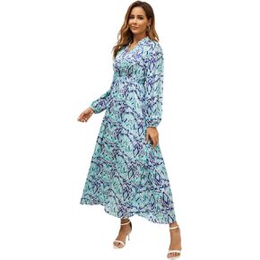 Women's Fall Long Sleeve V-Neck Dress Stretchy Tie Waist Printed Maxi Dress Casual Boho A line Long Dresses
