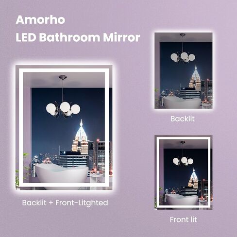 Amorho LED Mirror for Bathroom 24X36 Inch with Backlight and Front Lit, Fogless Mirror for Wall Mounted, Dimmable, 3 Colors, Memory in Saudi Arabia