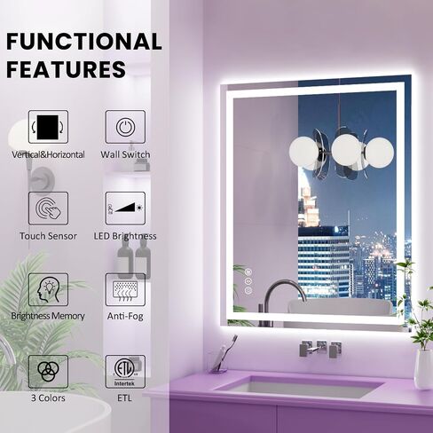 Amorho LED Mirror for Bathroom 24X36 Inch with Backlight and Front Lit, Fogless Mirror for Wall Mounted, Dimmable, 3 Colors, Memory in Saudi Arabia