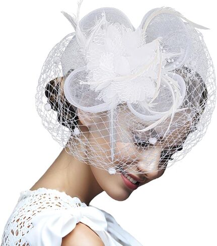 Women's Fascinators Hats Tea Party Hats for Women, 50s Flower Feathers with Veil Headwear for Tea Party Dresses Accessories in Kuwait