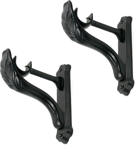 KUMGROT 2 Pack Curtain Rod Brackets Feather Shape Metal Drapery Rod Bracket Heavy Duty Curtain Rod Holders Decorative Rod Hooks Wall-Mounted Single Rod Bracket, for 1 Inch Rod, Black in Kuwait