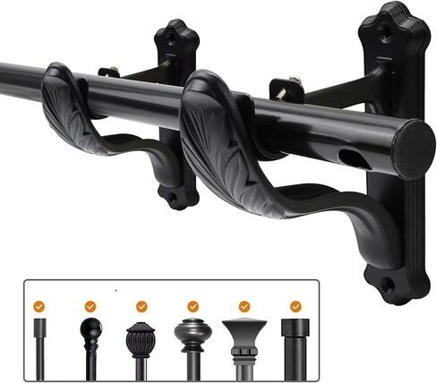 KUMGROT 2 Pack Curtain Rod Brackets Feather Shape Metal Drapery Rod Bracket Heavy Duty Curtain Rod Holders Decorative Rod Hooks Wall-Mounted Single Rod Bracket, for 1 Inch Rod, Black in Kuwait
