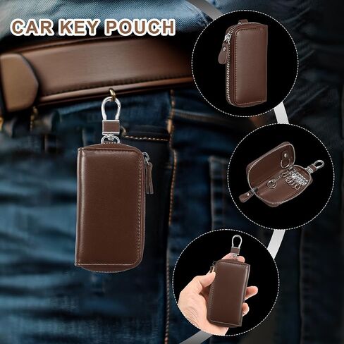 HARFINGTON Genuine Leather Key Holder Bag Car Keychain Coin Case Fob Wallet with Metal Hooks Keyring Zipper Bag for Men Women in Saudi Arabia