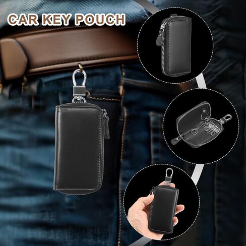 HARFINGTON Genuine Leather Key Holder Bag Car Keychain Coin Case Fob Wallet with Metal Hooks Keyring Zipper Bag for Men Women in Saudi Arabia