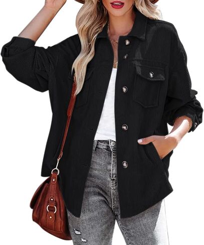 Beaully Women's Corduroy Button Down Shirts Casual Long Sleeve Oversized Jacket Shacket Coat with Pockets in Saudi Arabia
