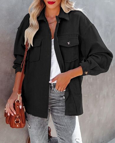Beaully Women's Corduroy Button Down Shirts Casual Long Sleeve Oversized Jacket Shacket Coat with Pockets in Saudi Arabia