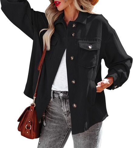 Beaully Women's Corduroy Button Down Shirts Casual Long Sleeve Oversized Jacket Shacket Coat with Pockets in Saudi Arabia