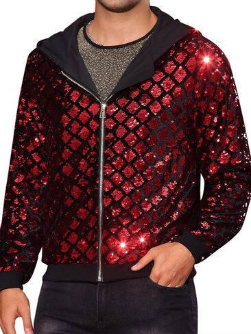 Lars Amadeus Argyle Sequins Jackets for Men's Long Sleeves Metallic Shiny Hooded Disco Jacket in Saudi Arabia