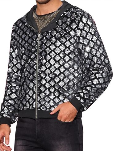 Lars Amadeus Argyle Sequins Jackets for Men's Long Sleeves Metallic Shiny Hooded Disco Jacket in Saudi Arabia