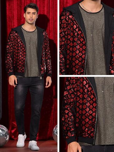 Lars Amadeus Argyle Sequins Jackets for Men's Long Sleeves Metallic Shiny Hooded Disco Jacket in Saudi Arabia