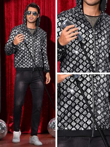 Lars Amadeus Argyle Sequins Jackets for Men's Long Sleeves Metallic Shiny Hooded Disco Jacket in Saudi Arabia