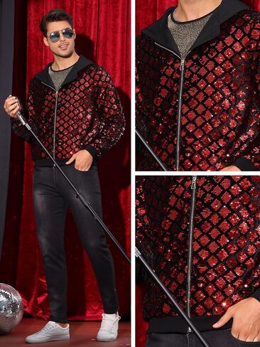 Lars Amadeus Argyle Sequins Jackets for Men's Long Sleeves Metallic Shiny Hooded Disco Jacket in Saudi Arabia