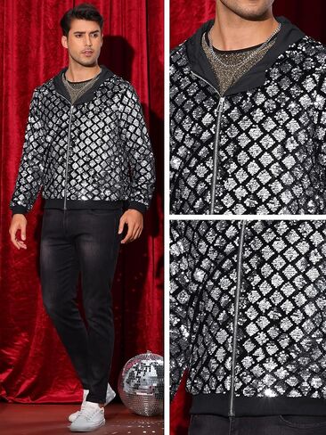 Lars Amadeus Argyle Sequins Jackets for Men's Long Sleeves Metallic Shiny Hooded Disco Jacket in Saudi Arabia