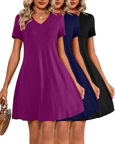 Huukeay 3 Pack Women's V Neck Short Sleeve T Shirt Dress Trendy Basics Dress in Saudi Arabia