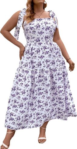 Floerns Women's Plus Size Floral Print Tie Shoulder Ruffle Hem Cami Long Dress in Saudi Arabia