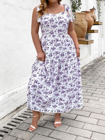 Floerns Women's Plus Size Floral Print Tie Shoulder Ruffle Hem Cami Long Dress in Saudi Arabia