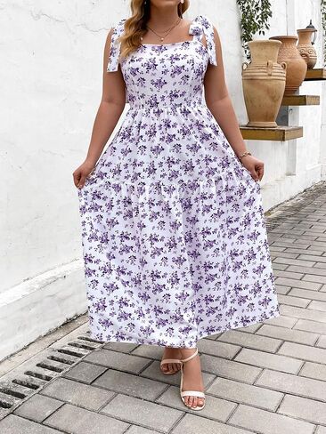 Floerns Women's Plus Size Floral Print Tie Shoulder Ruffle Hem Cami Long Dress in Saudi Arabia