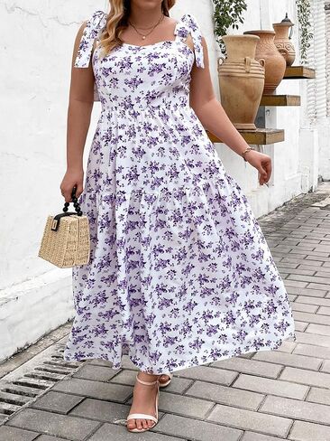 Floerns Women's Plus Size Floral Print Tie Shoulder Ruffle Hem Cami Long Dress in Saudi Arabia