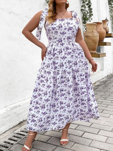 Floerns Women's Plus Size Floral Print Tie Shoulder Ruffle Hem Cami Long Dress in Saudi Arabia