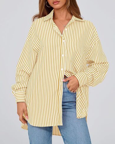 قمصان نسائية BTFBM بأزرار سفلية، قميص مخطط بأكمام طويلة، كاجوال بياقة في العمل المكتبي، بلوزات فضفاضة تناسب الجيب in Kuwait