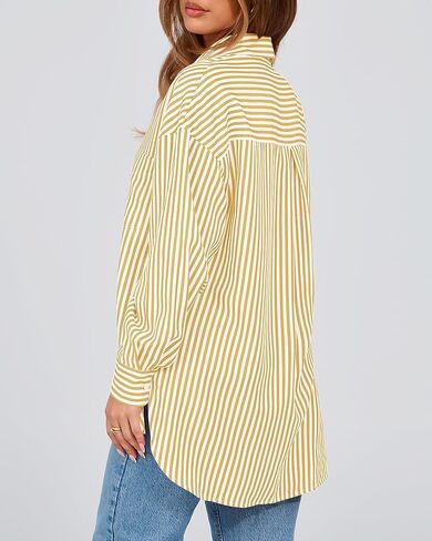 قمصان نسائية BTFBM بأزرار سفلية، قميص مخطط بأكمام طويلة، كاجوال بياقة في العمل المكتبي، بلوزات فضفاضة تناسب الجيب in Kuwait