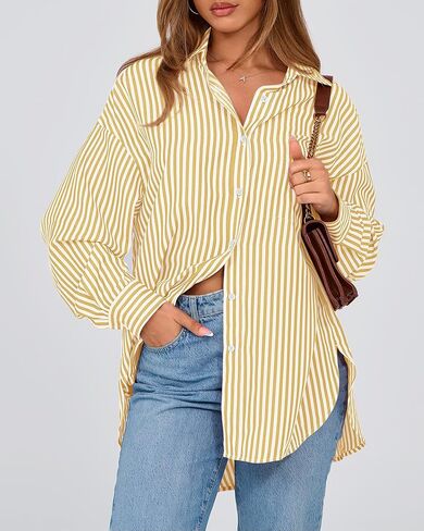 قمصان نسائية BTFBM بأزرار سفلية، قميص مخطط بأكمام طويلة، كاجوال بياقة في العمل المكتبي، بلوزات فضفاضة تناسب الجيب in Kuwait