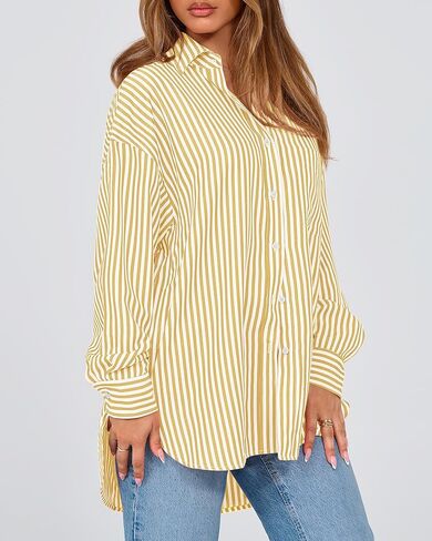 قمصان نسائية BTFBM بأزرار سفلية، قميص مخطط بأكمام طويلة، كاجوال بياقة في العمل المكتبي، بلوزات فضفاضة تناسب الجيب in Kuwait