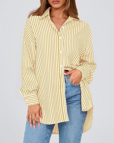 قمصان نسائية BTFBM بأزرار سفلية، قميص مخطط بأكمام طويلة، كاجوال بياقة في العمل المكتبي، بلوزات فضفاضة تناسب الجيب in Kuwait