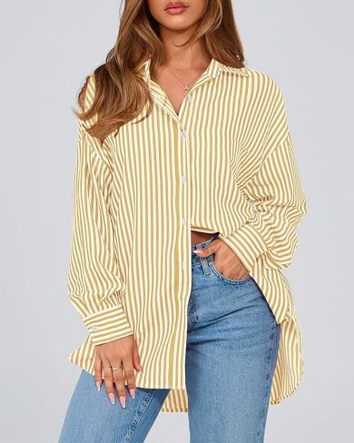 قمصان نسائية BTFBM بأزرار سفلية، قميص مخطط بأكمام طويلة، كاجوال بياقة في العمل المكتبي، بلوزات فضفاضة تناسب الجيب in Kuwait