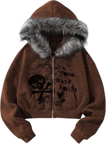 SHENHE Women's Faux Fur Zip Up Hoodie Skeleton Graphic Cropped Hoodie Jacket Sweatshirt in Saudi Arabia