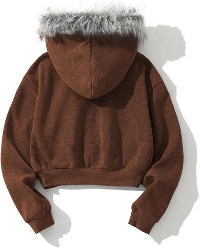 SHENHE Women's Faux Fur Zip Up Hoodie Skeleton Graphic Cropped Hoodie Jacket Sweatshirt in Saudi Arabia