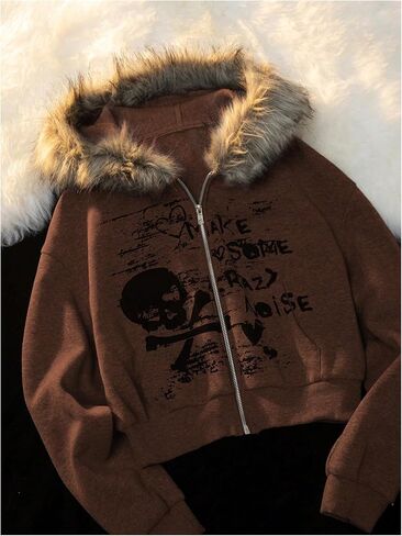 SHENHE Women's Faux Fur Zip Up Hoodie Skeleton Graphic Cropped Hoodie Jacket Sweatshirt in Saudi Arabia