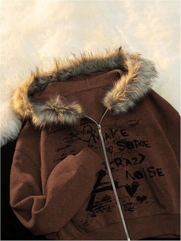 SHENHE Women's Faux Fur Zip Up Hoodie Skeleton Graphic Cropped Hoodie Jacket Sweatshirt in Saudi Arabia
