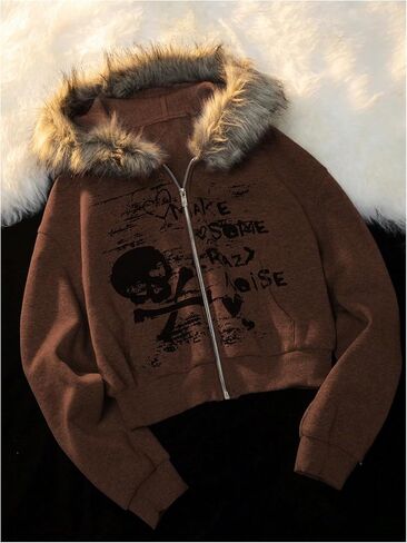 SHENHE Women's Faux Fur Zip Up Hoodie Skeleton Graphic Cropped Hoodie Jacket Sweatshirt in Saudi Arabia
