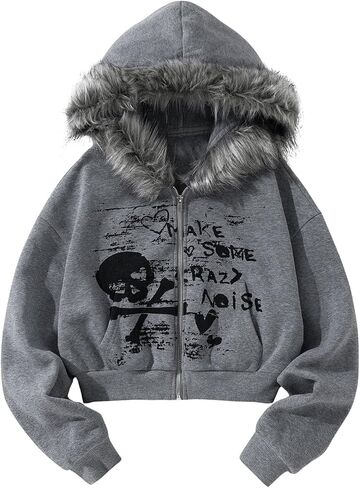 SHENHE Women's Faux Fur Zip Up Hoodie Skeleton Graphic Cropped Hoodie Jacket Sweatshirt in Saudi Arabia