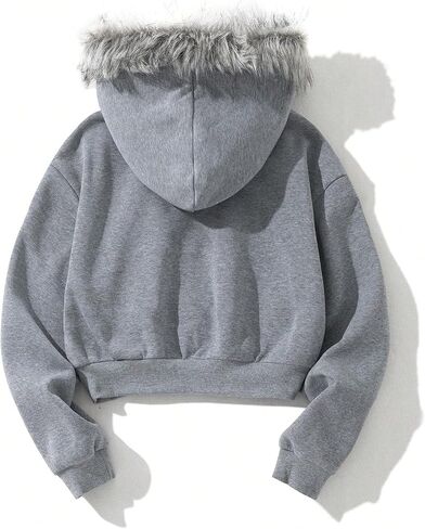 SHENHE Women's Faux Fur Zip Up Hoodie Skeleton Graphic Cropped Hoodie Jacket Sweatshirt in Saudi Arabia